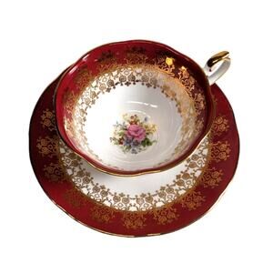 Queen's fine bone china tea cup and saucer Monarch red vintage